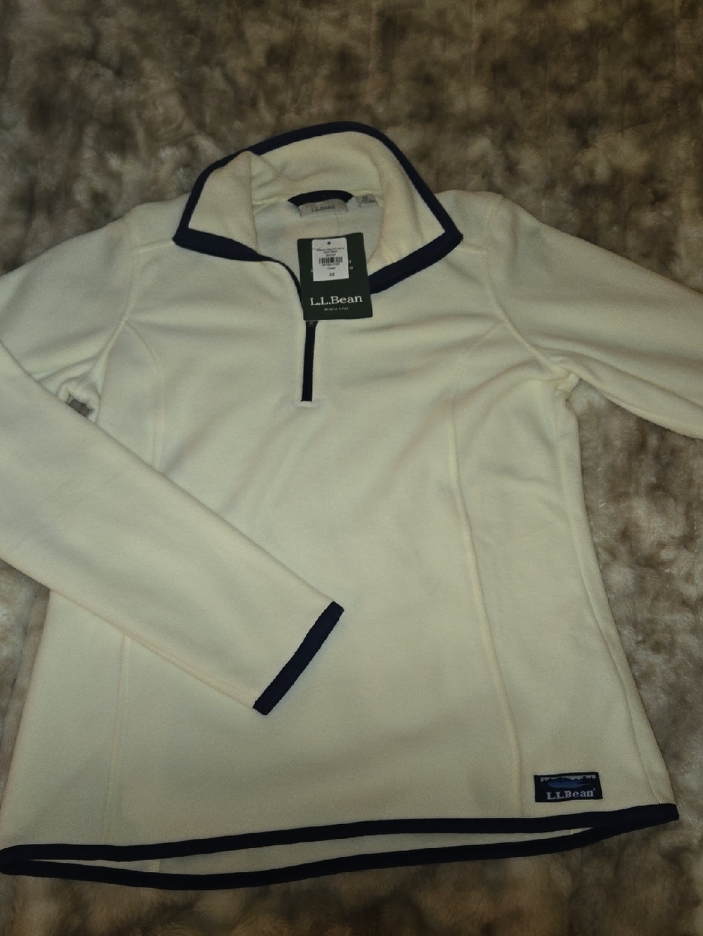 L.L. Bean Cream Quarter Zip Fleece Pullover Navy Trim XS NWT